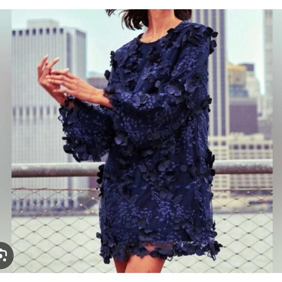Mestiza navy 3D flora long sleeve mini dress sz S